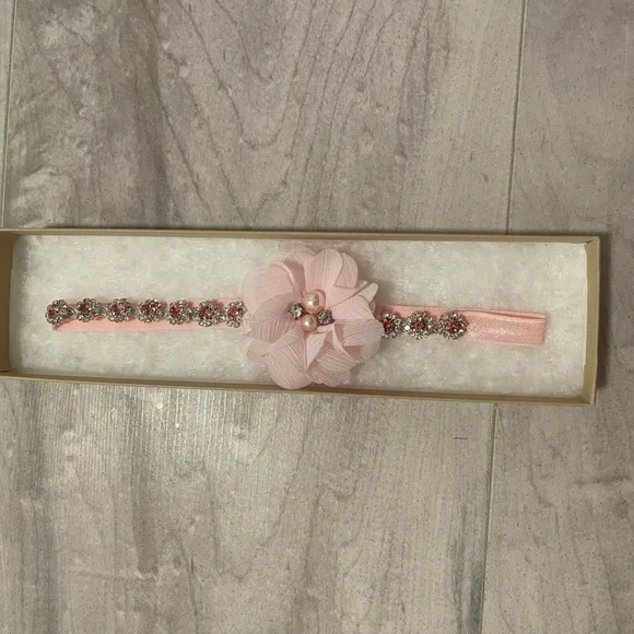 The Tiny Blessings Boutique Pink Rhinestone Newborn Headband With Pink Flower