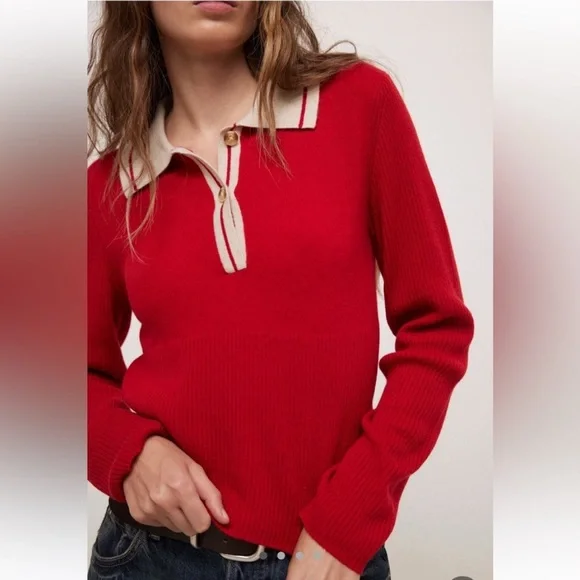 Free People Rudy Cashmere Pullover Red Sweater Collared Henley‎