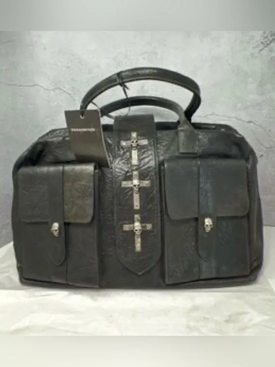 Thomas Wylde Grey Leather Duffel type Tote Bag with Front Skull Pockets