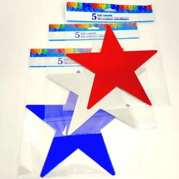 USA Star Foil Cutouts Red Blue Silver Lot total of 15 Stars Patriotic NWT
