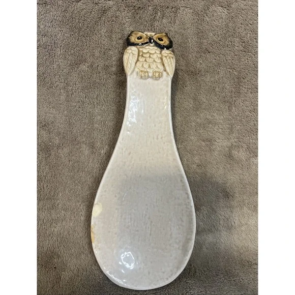 Vintage Owl Ceramic Spoon Rest Otagiri Beige Brown Black‎ Hanging Tabletop