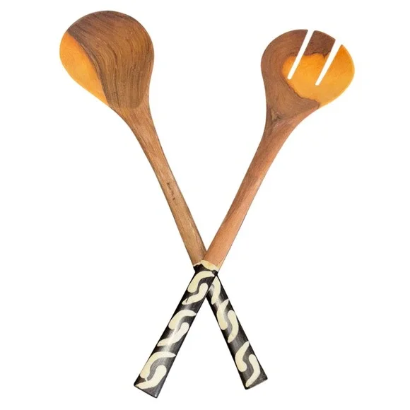 Artisan Wood Salad Servers‎ | Set of two| Black & White | Wood Serving Utensils