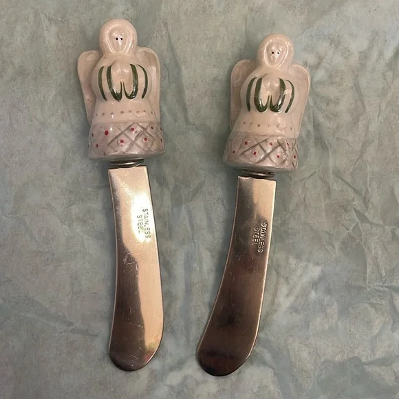 2‎ Angelic Angels cheese spreaders with stainless steel knife. Holiday Christmas