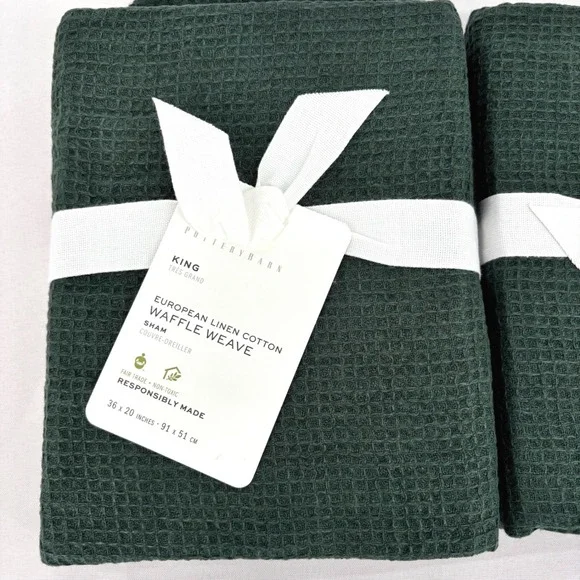 Pottery Barn European Linen Cotton Waffle Weave King Sham Set of 2 Pine Green