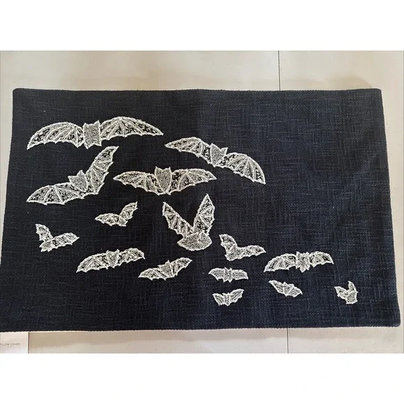 Pottery Barn Beaded Bat Embroidered Lumbar Pillow Cover NEW 16