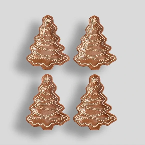 🎄 Pottery Barn Gingerbread Tree Appetizer Plates – Set of 4 – NIB 🎄