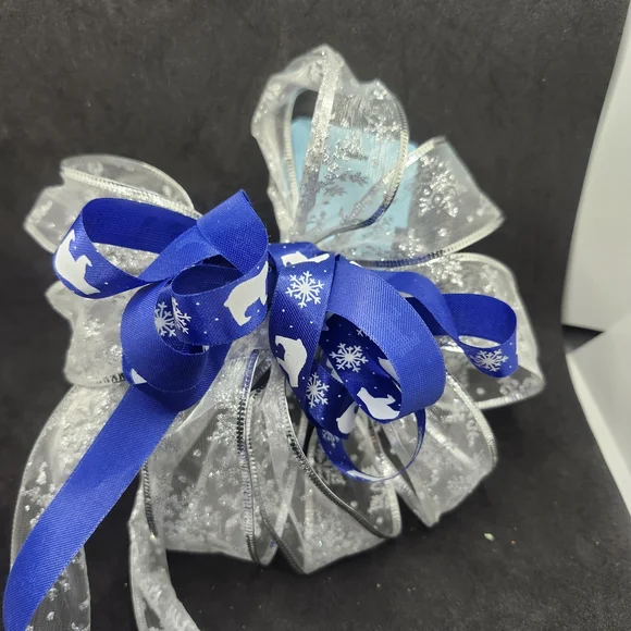 Festive Blue and Silver Gift Bow Hair Barrettes Clip