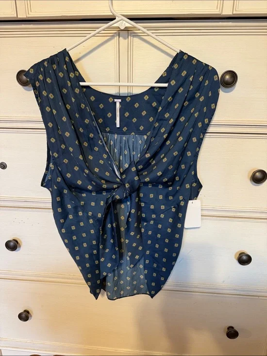 Free People Navy Blue Sleeveless Tie-Front Blouse with Gold Motif