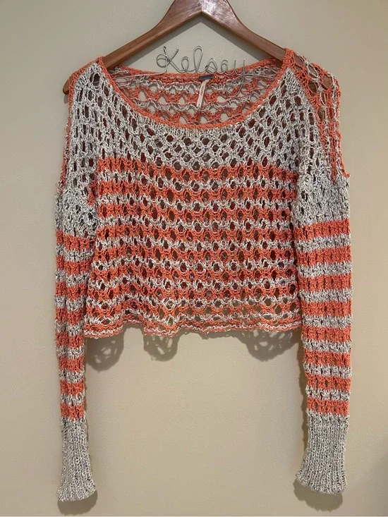 Free People Cream and Orange Crochet Open-Knit Cropped Boho Sweater Size M
