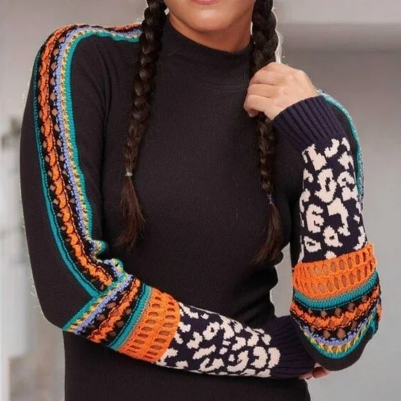 Free People Switch It Up Thermal Top Womens Small Black Crochet Multicolor