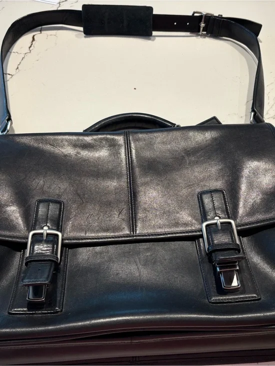 Coach Black Leather Briefcase Messenger with Buckle Accents