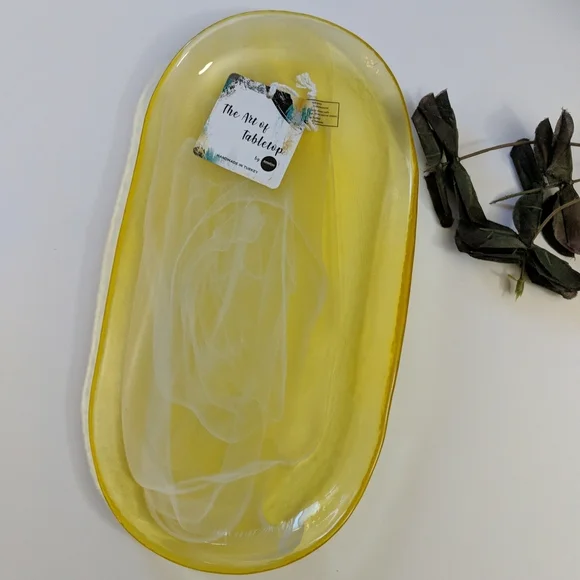 Ardacam Turkish Yellow Glass Swirl Plate Handmade Dish