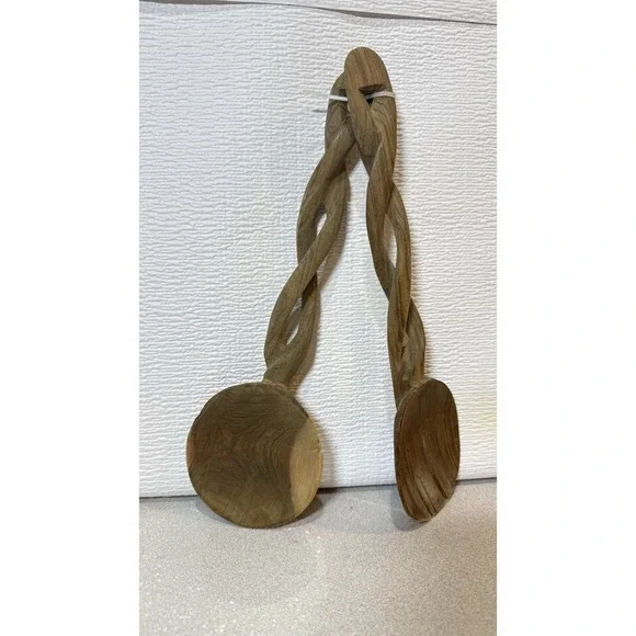 Vintage Teak Wood Salad Serving‎ Fork Spoon Carved Twisted Handles Utensils Used