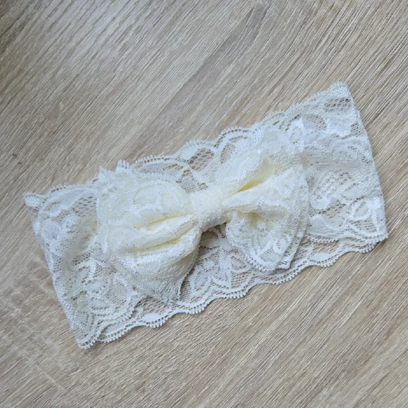 Baby Toddler Girl Lace Bow Headband Elastic Headwrap Stretchy Ivory Hair Band