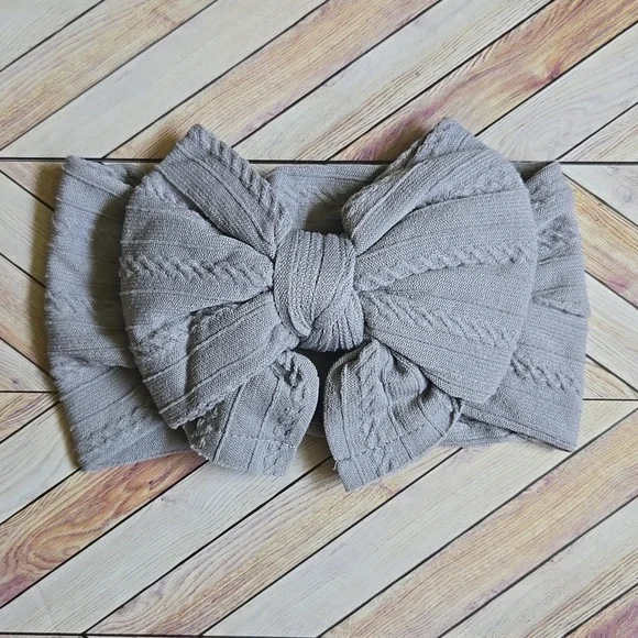 Cable Knit Baby Girl Headband Soft Ribbed Turban Bow Grey Infant Hair Photo Prop