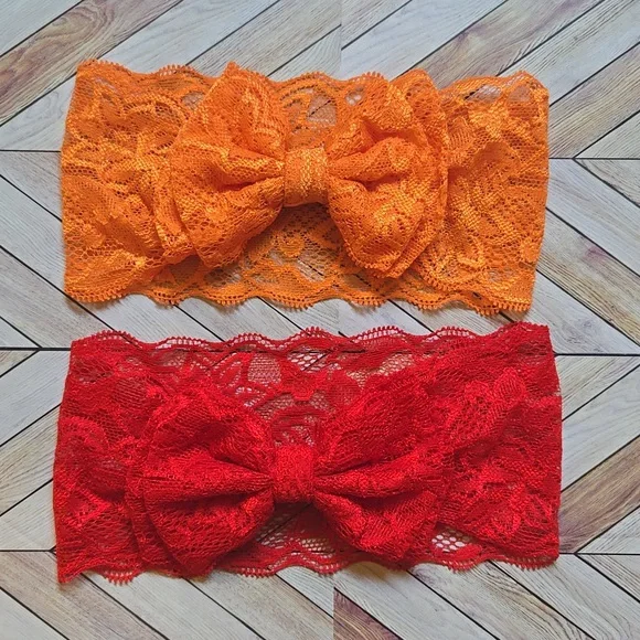 Lace Bowknot Orange Red Holiday Elastic Headwraps Baby Girl Photo Prop Headbands