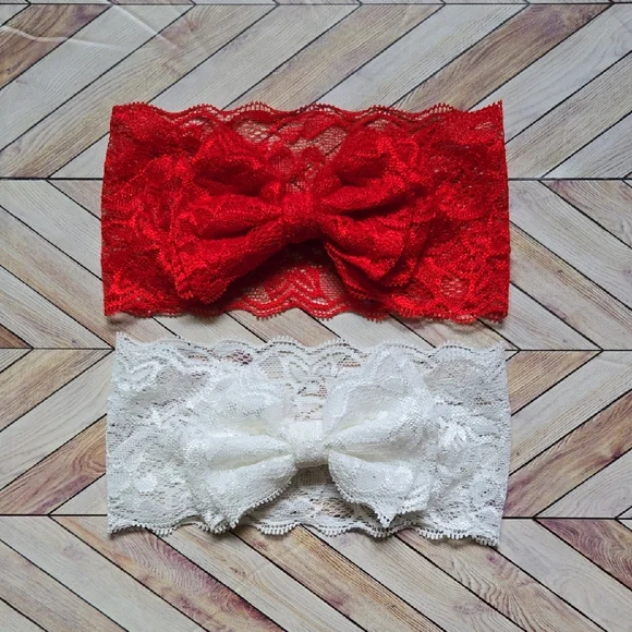 Kids Lace Bowknot Red White Headbands Elastic Bow Headwrap Girls Hairband