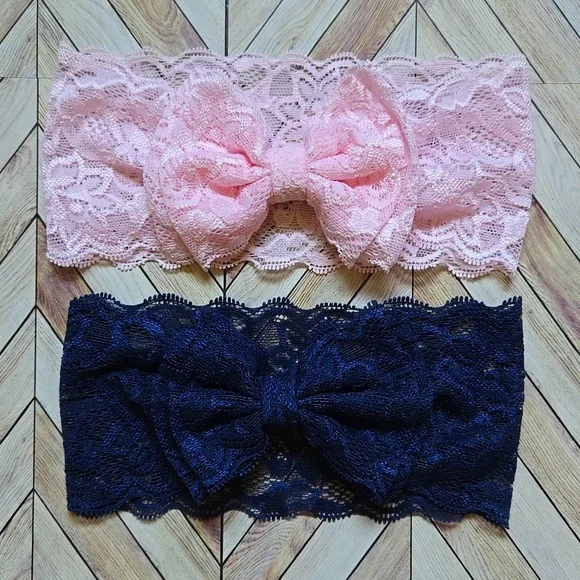 Kids Lace Bowknot Navy Blue Pink Headbands Bow Headwraps Handmade Girl Hairbands