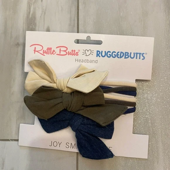 NWT RuffleButts Kids 3-Pack Elastic Bow Headband Set Oatmeal, Juniper & Heather