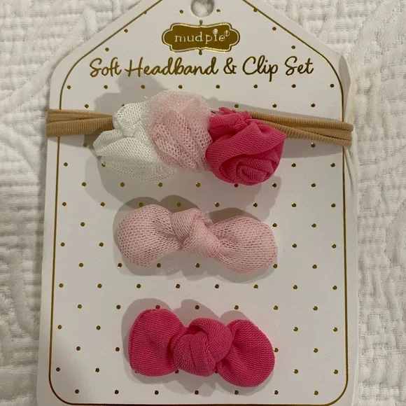 NWT Mudpie Pink soft headband and infant clip set, one size fits most