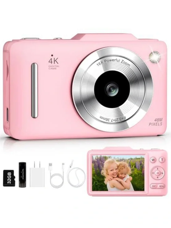 Compact 4K Pink Digital Camera with 16x Zoom