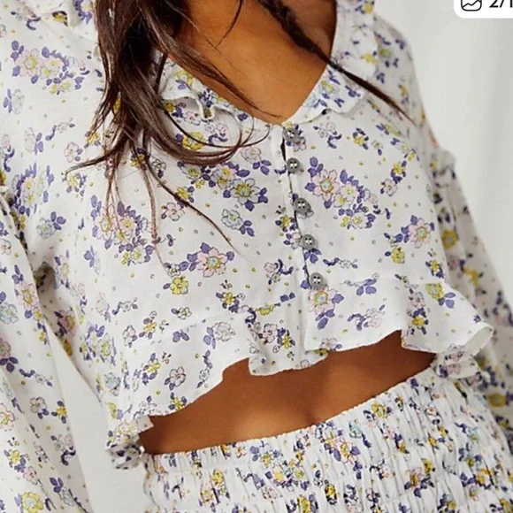 Free People Secret Garden Floral Ruffle Cropped Top Long Sleeve Blouse Lavender