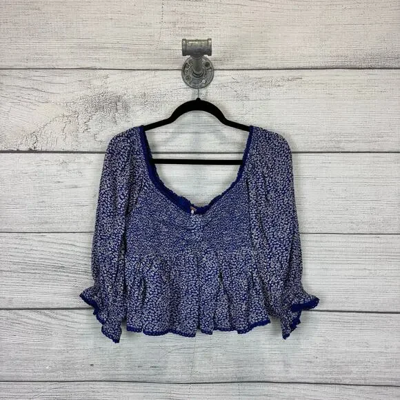 Free People Women's Blue Brittnee Print Smocked Back Peplum Top Size Small