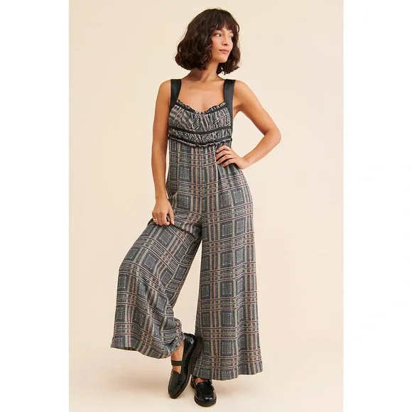 New Free People Marley Plaid One-Piece Wide Leg Jumpsuit $188 X-SMALL