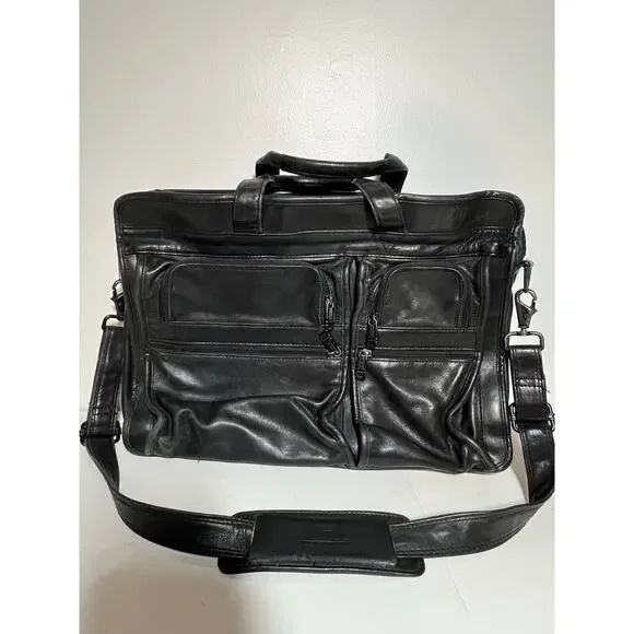 Tumi EUC Black Leather Alpha Expandable Organizer Computer Briefcase Bag Laptop