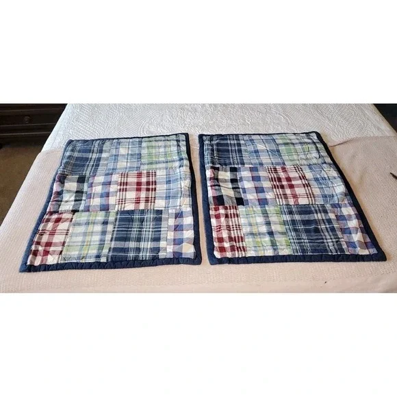 Pottery Barn Teens Quilted Madras Patchwork 2 Shams Blue Red Green *flaw*‎