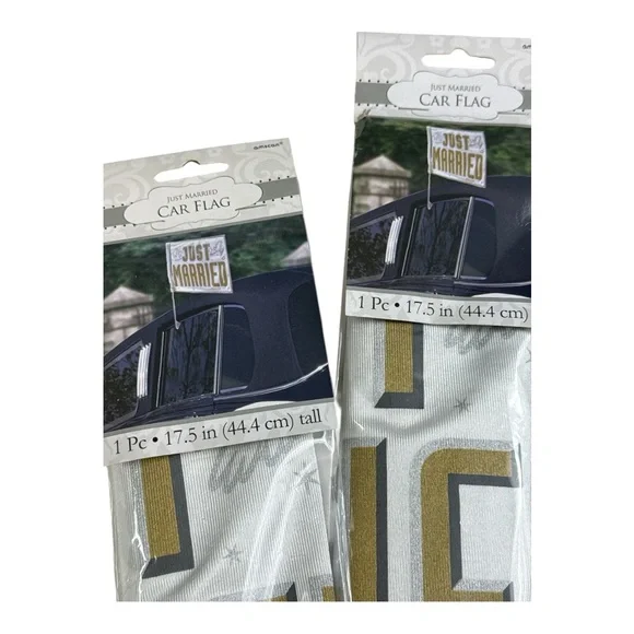 WEDDING CAR DECORATION BUNDLE with 2 Just Married Car Flags & Car window