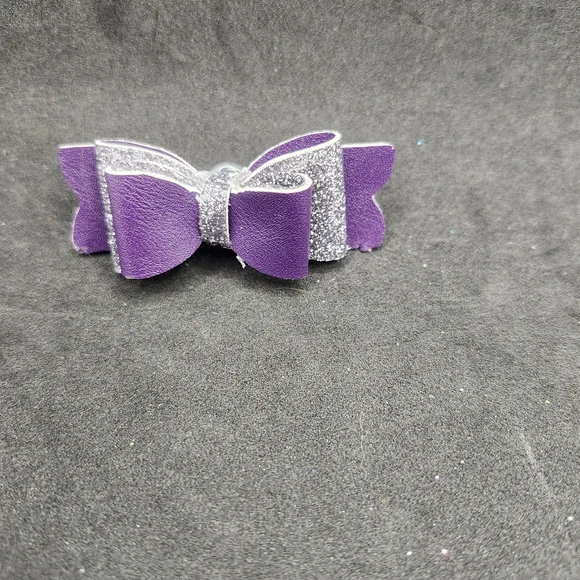 Hand Crafted Purple and Silver Bow Hair Clip Faux Leather