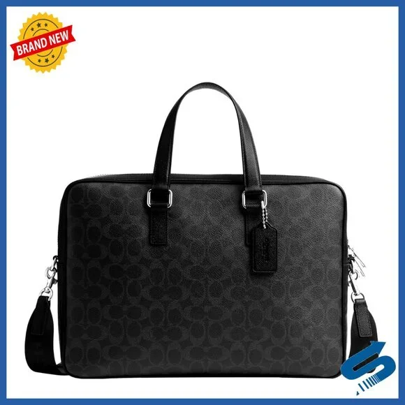 Coated Canvas Briefcase with Laptop Compartment Detachable Strap