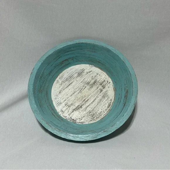 Pottery Barn Rustic Farm House Style Wooden Bowl White and Blue. Never Used.