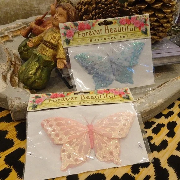 VTG Pink & Blue Glittery Feather Butterflies for Crafting - Brand New Set of 2🦋