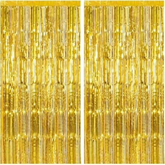 2 Pack Gold Backdrop Birthday Decorations Foil Curtain Backdrop Gold Streamers