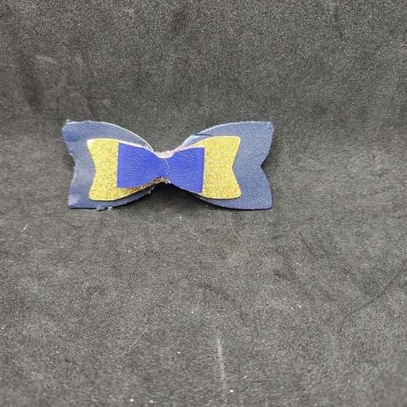 Hand Crafted Blue and Gold Bow Hair Clip Faux Leather