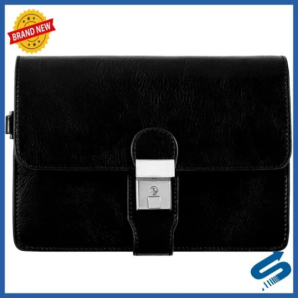 Italian Leather Briefcase Clutch with Wrist Strap, Multi-Pocket Organizer