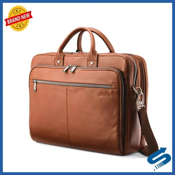 Leather Toploader Briefcase with Laptop Sleeve, Professional Business Bag