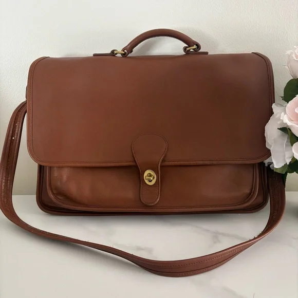 Coach Brown Leather Messenger Briefcase with Gold Hardware