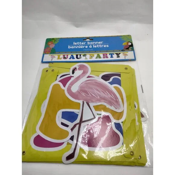 LUAU PARTY Letter Banner Flamingo Palm Tree 7 Feet Garland Tiki Tropical Beach