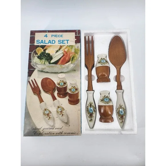 Vintage 4‎ Piece Salad Set Natural Grained Wood Ceramic Floral Handles Shakers