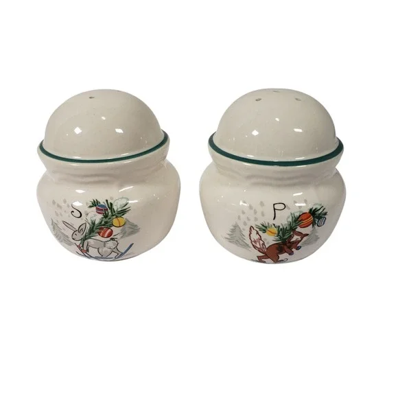 Vintage Christmas Skiing Bunny‎ Rabbit Fox Salt and Pepper Shakers
