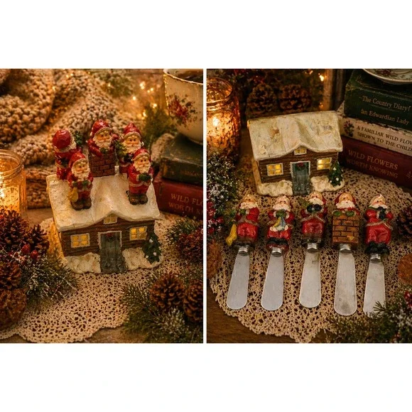 Christmas Santa Spreader Set with Cabin Display Base 5 Piece Holiday Decor
