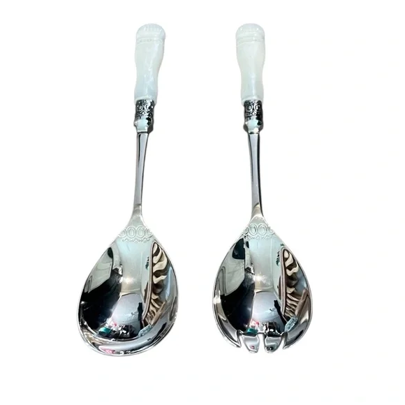 Pair Vintage SLAH Faux Carved Mother of Pearl Handles Salad Serving Spoon & Fork