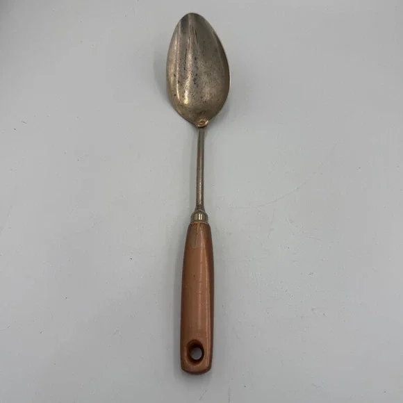 Vintage Ekco USA Stainless Serving Spoon Copper Handle Mid Century Kitchen Tool