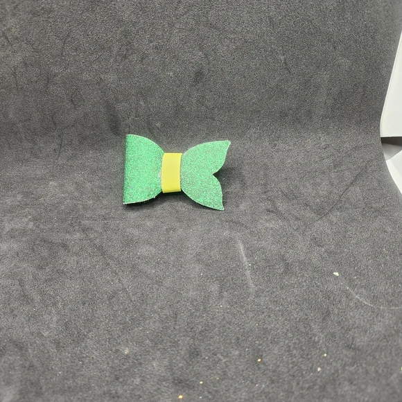 Hand Crafted Green Glitter Hair Bow with Yellow Accent Faux Leather