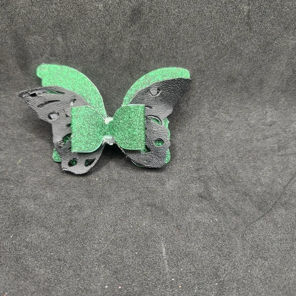 Hand Crafted Green and Black Butterfly Hair Clip Faux Leather