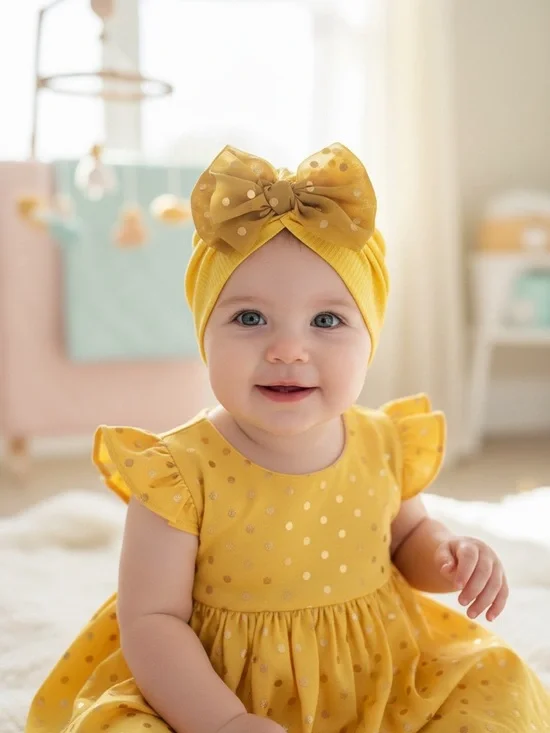 Mustard Yellow Ribbed Baby Turban Hat with Polka Dot Chiffon Bow Toddler Girl
