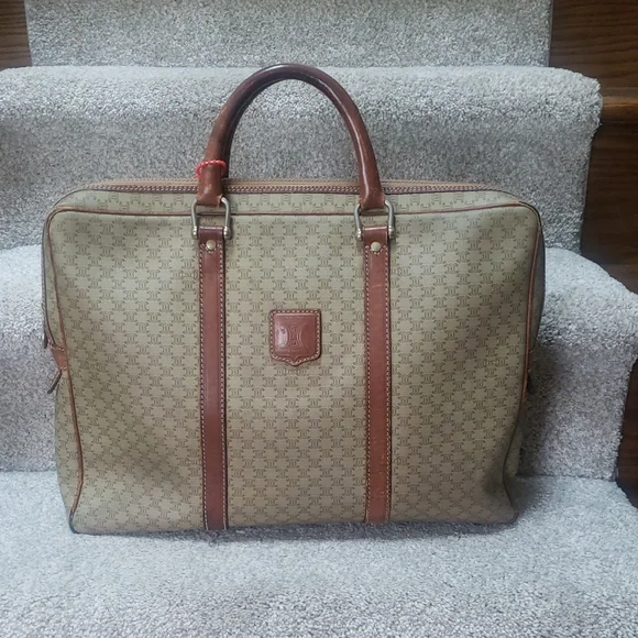 Celine Tan/Brown Leather/Coated Canvas Briefcase Document case Authentic Vintage